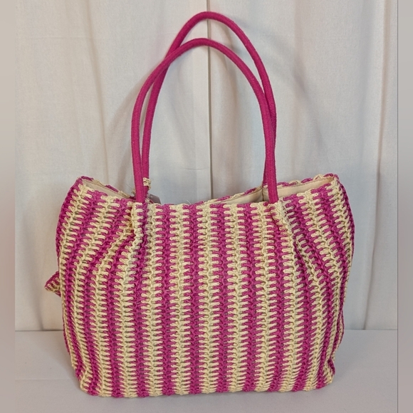 Bueno Pink and Cream Straw Tote With Coin Pouch NWT - Picture 2 of 6